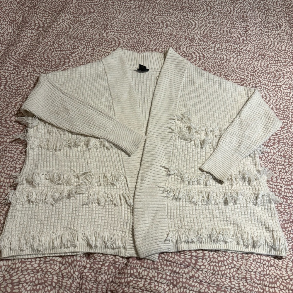 Ann Taylor Cream Fringe Cardigan